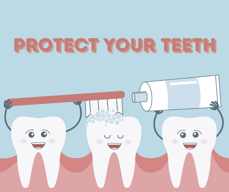 three cartoon teeth working together with toothbrush and toothpaste