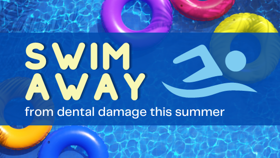 Photo of a pool with inner tubes, with article title text: swim away from dental damage this summer